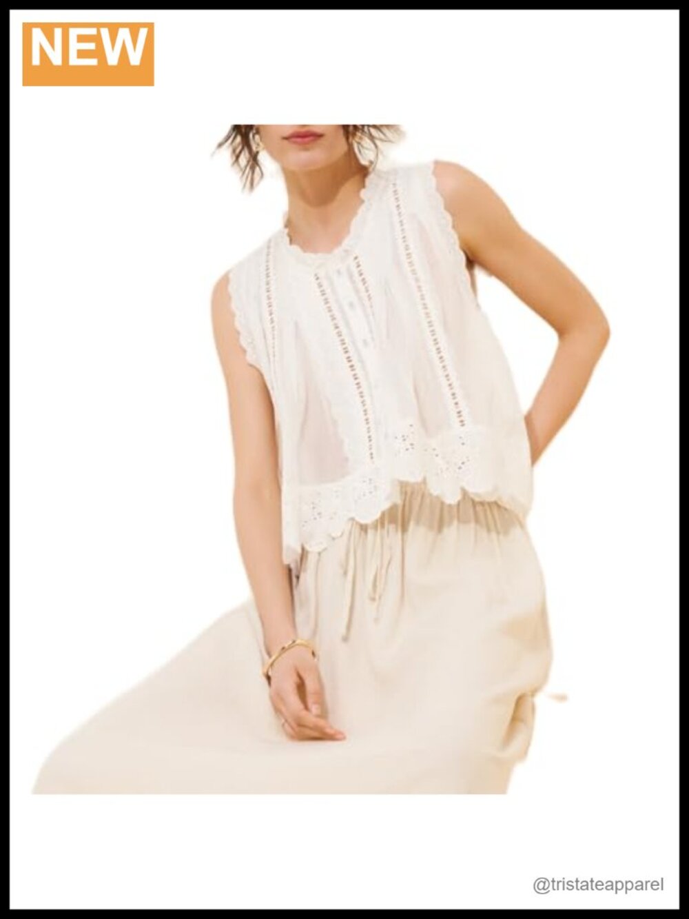 Women's Sleeveless Eyelet Top Vintage Lace Patchwork Button Down Vest Scallop